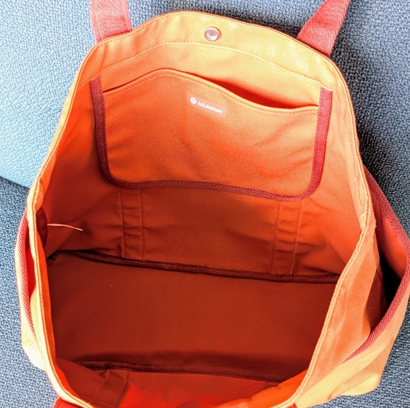 LULULEMON Athletica Orange Cotton Canvas Gym Work Multi Pocket Tote Bag 20L NWOT - Picture 5 of 9